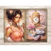 Watercolor vintage pages Junk Journal tea party. A black girl with brown hair in a pink Victorian dress holds a cup of tea in her hand with a print of flowers a