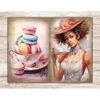 Watercolor vintage pages Junk Journal tea party. A black girl with red hair in a white and pink Victorian dress and a red hat with roses holds a cup of tea with
