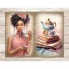Watercolor pages Junk Journal tea party. A black brunette girl in a pink Victorian dress and a red rose in her hair holds a white cup of tea and a saucer in her
