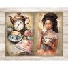 Watercolor pages Junk Journal tea party. A black girl with brown hair in an orange Victorian dress with a brown corset holds cups of tea with flower prints and