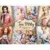Junk Journal watercolor vintage pages with girls in Victorian dresses holding cups of tea. Girls have different shades of hair colors. Watercolor multi-tiered c