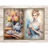 Watercolor vintage pages Junk Journal tea party. A white-skinned blonde girl in a blue Victorian dress holds a cup of tea with a flower print in her hands. Blue