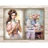 "Watercolor vintage pages Junk Journal tea party. A fair-skinned girl with brown hair in a pink Victorian dress and a blue scarf around her neck holds a cup of