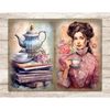 Watercolor vintage pages Junk Journal tea party. A white-skinned brunette girl in a pink Victorian dress holds a cup of tea with a flower print and a saucer in