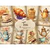 Watercolor vintage page Junk Journal tea. Delicate Drinkware cups and teapots. Fresh croissant with a bunch of grapes. A stack of pancakes with honey running do