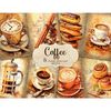 Watercolor Vintage Page Junk Journal Coffee. Delicate Drinkware cups with sweet desserts. Cinnamon sticks and star anise flowers, a stack of chocolate-glazed ec