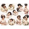 Baby shower clipart. Watercolor black woman with brown hair with a baby in her arms, a brunette woman with a boy in her arms and roses, black babies sleep in fl