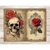 Watercolor skull with red rose and green leaves and red rose in a beautiful vintage frame Junk Journal Pages on the background of old vintage paper with frames