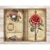 Watercolor skull with red roses and green leaves and a red rose in a beautiful round vintage Junk Journal Pages frame on the background of old vintage paper wit