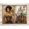 Watercolor black girl brunette apothecary in a beige and black Victorian dress with a corset. A set of bottles with medicines and medicinal plants that stand in