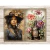 Watercolor black girl brunette apothecary in a black Victorian dress and a brown hat decorated with beige flowers. A set of bright pink and purple flowers with