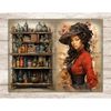 Watercolor black girl apothecary with brown hair in a red and black Victorian dress with a black corset and a black hat. Antique vintage apothecary cabinet with