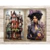 Watercolor black girl apothecary brunette in a purple Victorian dress and a purple hat with flowers holds flowers in her hands. Old vintage three-story house wi