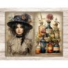 Watercolor girl brunette apothecary in a beige Victorian dress and a black hat decorated with flowers. A set of bottles with medicines and medicinal plants that