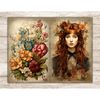 Watercolor girl pharmacist with red hair with flowers in her hair. In front of the girl are flowers, a wax candle in a glass. Bouquet of bright summer orange, r