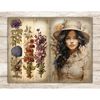 Watercolor girl brunette apothecary in a beige Victorian shirt and a beige hat with flowers on the hat and a beige scarf around her neck. On the left, three pie