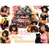 Bright watercolor retro halloween clipart with trendy pinup black men, women and children in trendy vintage clothes from the forties and fifties of the twentiet