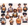 Watercolor clipart of black people halloween. A man, girls and children with scary pumpkins with carved Jack-o-lantern faces in their hands. All characters have