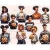 Watercolor clipart of black people halloween. A man, girls and children with scary pumpkins with carved Jack-o-lantern faces in their hands. All characters have