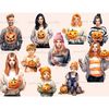 Watercolor clipart people halloween. A man, girls and children with scary pumpkins with carved Jack-o-lantern faces in their hands. All characters have differen