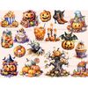 Halloween watercolor clipart. Scary pumpkins with carved faces of Jack O'Lantern. Black and orange witch boots. Tree with many pumpkins. A bat with a pumpkin in