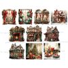 Watercolor Christmas scenes with houses, Christmas windows, a fireplace, decorated with red, green Christmas balls and coniferous tree branches. Outdoor scene w