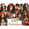 Watercolor Christmas clipart of black girls and girl in Christmas red and green sweaters and hats. Girls have different shades of hair colors - brunettes and wi
