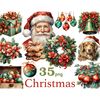 Watercolor clipart bundle. Santa Claus with glasses and a red hat with a white pompom. Christmas wreath with poinsettia flowers and red bow. A stack of knitted