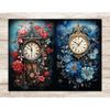 Watercolor Antique Vintage Clock and Flowers Junk Journal Pages. On the left is a clock with Roman numerals on the dial and red flowers. On the right, a golden