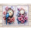 Antique vintage old clock with Roman numerals on the dial with pink and purple flowers with a blue bird on a branch. On the right is a vintage clock shaped in p