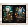 Antique vintage retro clock among green foliage, burning antique lamp and light bulbs. Pharmacist shop shelves with bottles and books, with stained gothic glass