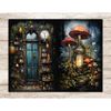 Dark scenes with shelves of apothecary and alchemist with bottles, clocks, lamps and a tall Gothic window. On the right, huge magic mushrooms on a cozy lamp amo