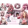 Watercolor pink christmas clipart set. Pink Santa Claus with a small Christmas tree in his hand. A girl with pink hair with a pink Xmas gift box in her hands. P