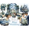 Watercolor wedding couple in blue clothes with flowers stand in an embrace. Blue floral decorations with a bow. Wedding venue made of glass arches with blue dec