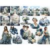 Watercolor wedding couple in a blue jacket and dress. Blue wedding venues, castle, church, outdoor wedding registration, blue bouquets of flowers, swans, candle
