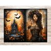 Halloween Junk Journal Pages. A black girl with brown hair in a Victorian dress against a backdrop of orange foliage. Silhouettes of bats on an orange backgroun