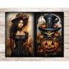 Halloween Junk Journal Pages. Black brunette girl in a Victorian dress and hat on a background of orange foliage. The head of a scary skull in a black hat on a