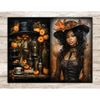 Halloween Junk Journal Pages. Black brunette girl in a Victorian dress and a hat decorated with autumn leaves. Lots of Halloween pumpkins, elegant black hat, te