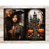 Halloween Junk Journal Pages. A black girl with brown hair in a Victorian dress and a hat decorated with autumn leaves. Stone staircase decorated with Halloween
