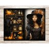 Halloween Junk Journal Pages. A black brunette girl in a Victorian dress and a hat decorated with autumn leaves. Gothic black dress among Halloween pumpkins, vi