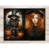 Halloween Junk Journal Pages. Redhead in a Victorian black shirt and hat. Scary terrifying scarecrow in a hat with a belt among pumpkins Jack O Lantern