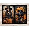 Halloween Junk Journal Pages. Portrait of a brunette girl in a Victorian black dress with an orange skirt and a black hat on a background of autumn foliage. Ele