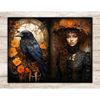 Halloween Junk Journal Pages. Portrait of a girl with brown hair in a Victorian black dress and a black hat decorated with orange flowers. Black gothic crow amo