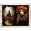 Halloween Junk Journal Pages. Portrait of a red-haired girl in a Victorian black dress with a floral wreath of orange roses in her hair. A river leading to a go