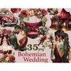Watercolor bohemian black wedding couple in burgundy and green clothes. Marsala wedding tent with green foliage decor. Portrait of a bride with tattoos, view fr