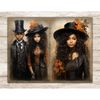 Black african american brunette girl in victorian dress and hat with orange leaves. African American man and woman in Victorian clothes celebrate Halloween