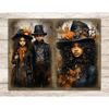 Black african american brunette girl in victorian dress and hat with autumn leaves and orange rose. African American children boy and girl in autumn victorian c