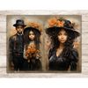 Black African American girl with brown hair wearing a Victorian dress and a hat with orange flowers. African American children boy and girl in gothic autumn vic