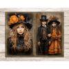 Dark Vintage Autumn Junk Journal Pages. Gothic Collage Pages with children in Victorian era hats and clothes with autumn leaves. Blonde woman in black dress and