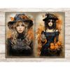 Gothic Collage Pages with girls in Victorian hats and clothes with autumn leaves. A brunette with a glass teapot in her hand and with pumpkins on the table in f